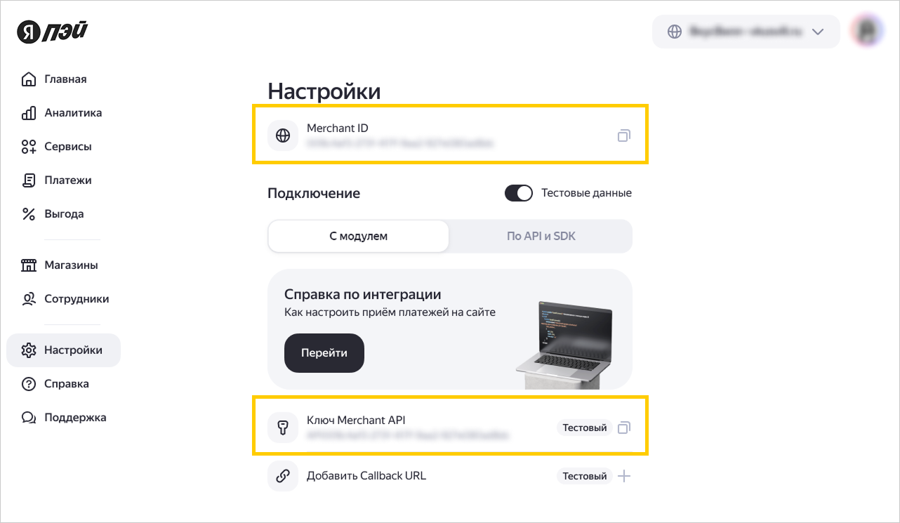 Ключ Merchant API равен Merchant ID в тестовой среде