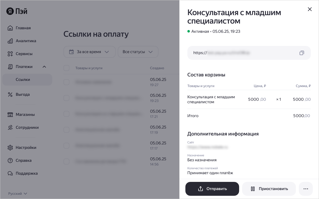 Окно с информацией о ссылке на оплату и списком товаров