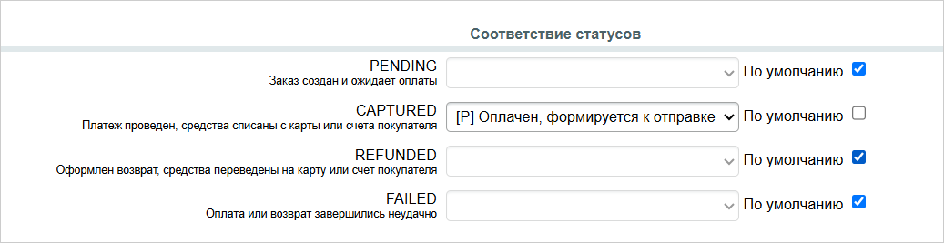 Раздел «Соответствие статусов» с настройкой смены статусов заказа в 1С-Битрикс