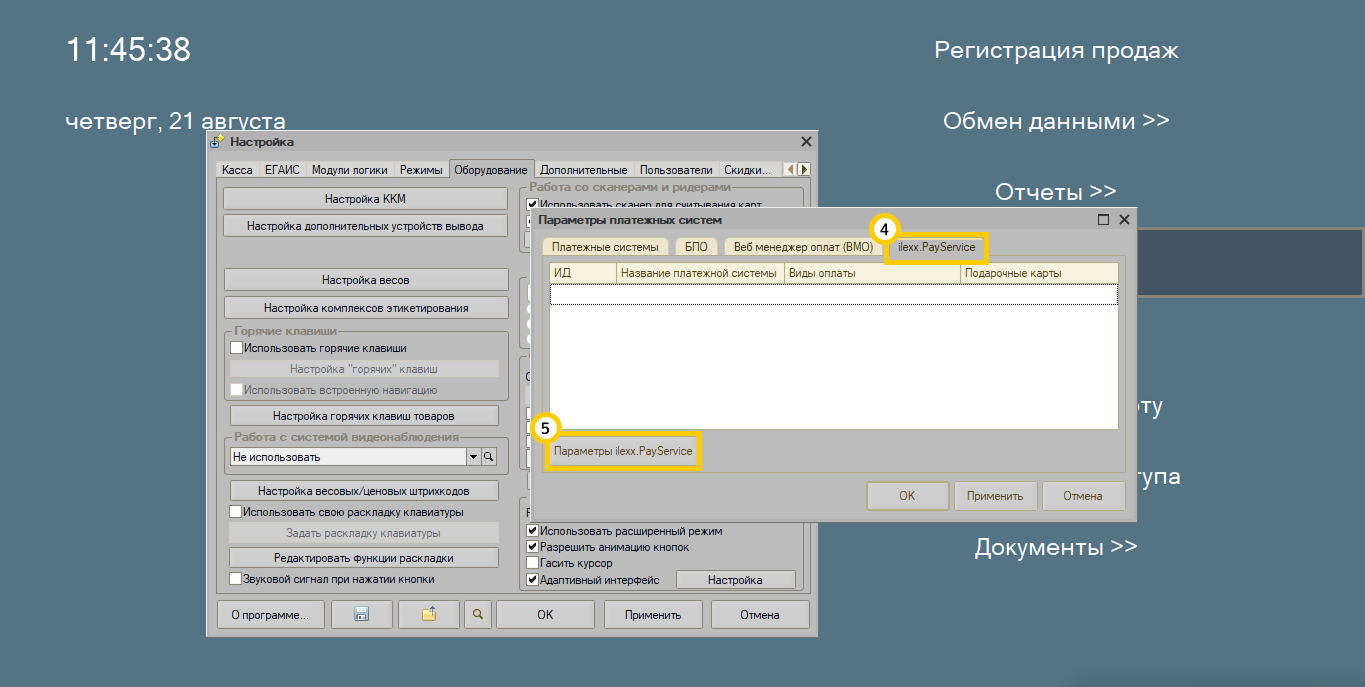 Кассир 5: параметры ilexx.PayService в настройках платежных систем